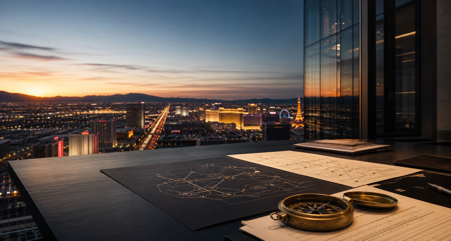 Strategy documents on a table overlooking Las Vegas at dusk